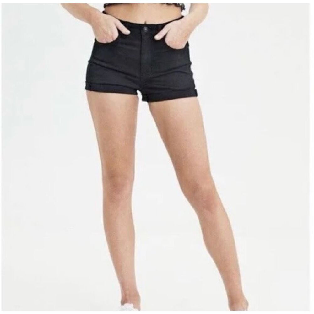 American Eagle Black 360 Stretch Hi-Rise Shortie Denim Jean Shorts‎ Size 4